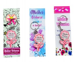 Flor mulher virtuosa chaveiro MDF com marca pagina - 10 unidades